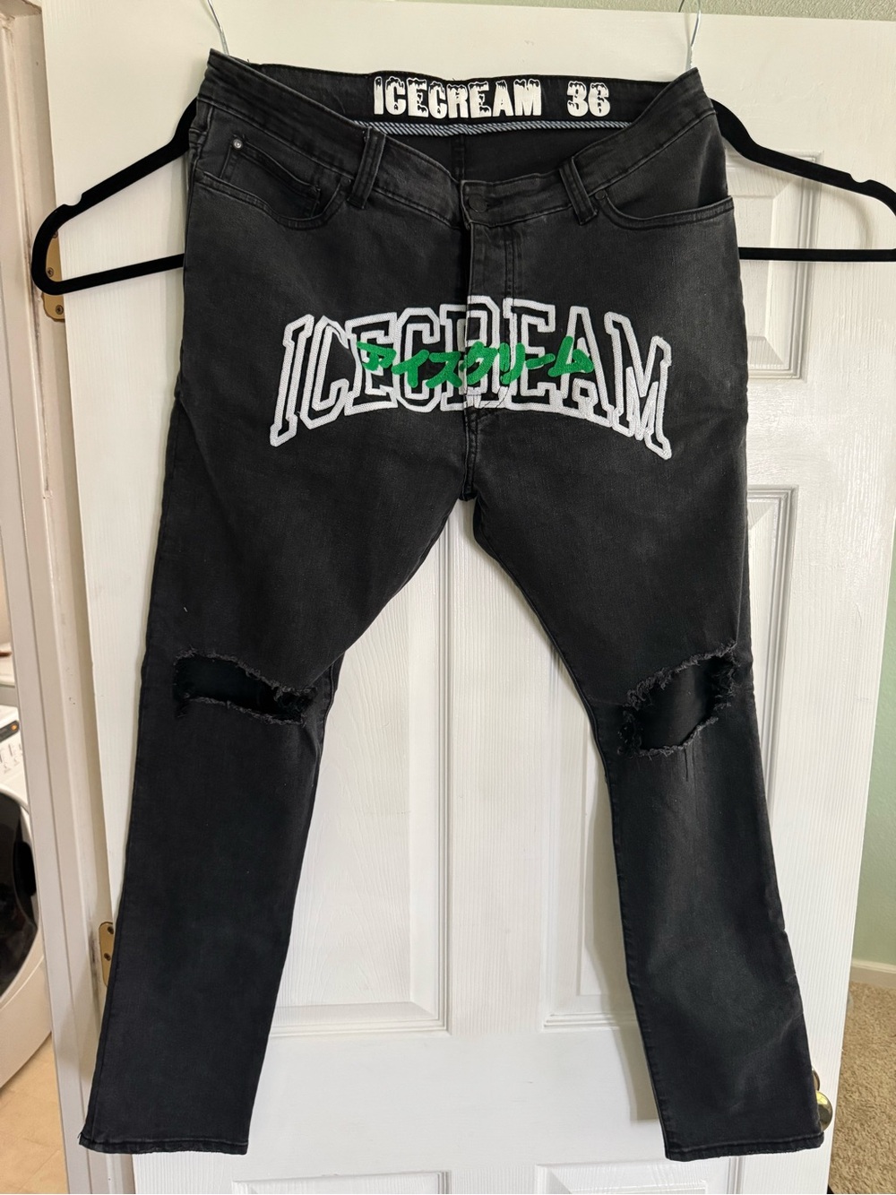 Icecream Black Slim Distressed Jeans with Green Logo